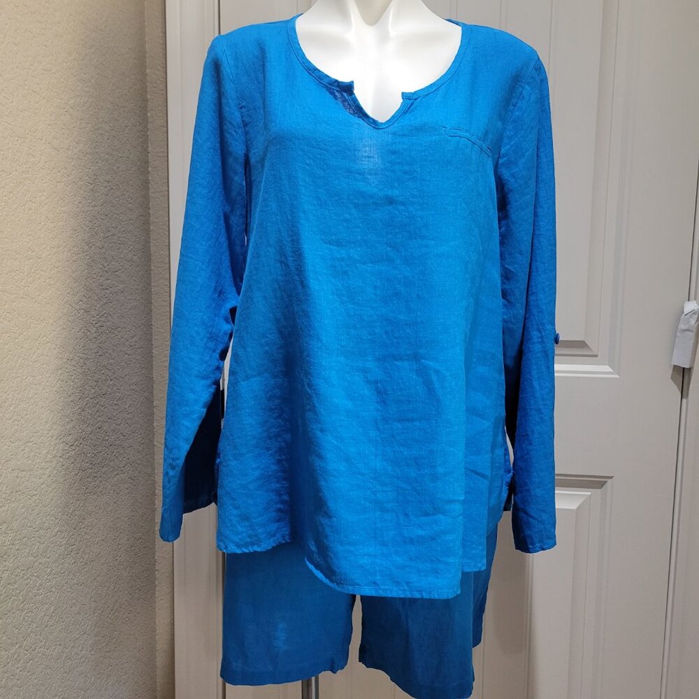 FLAX 100% Linen 2 Pc Tunic~Shorts Size MEDIUM Sapphire Blue Tab Adj Long Sleeves